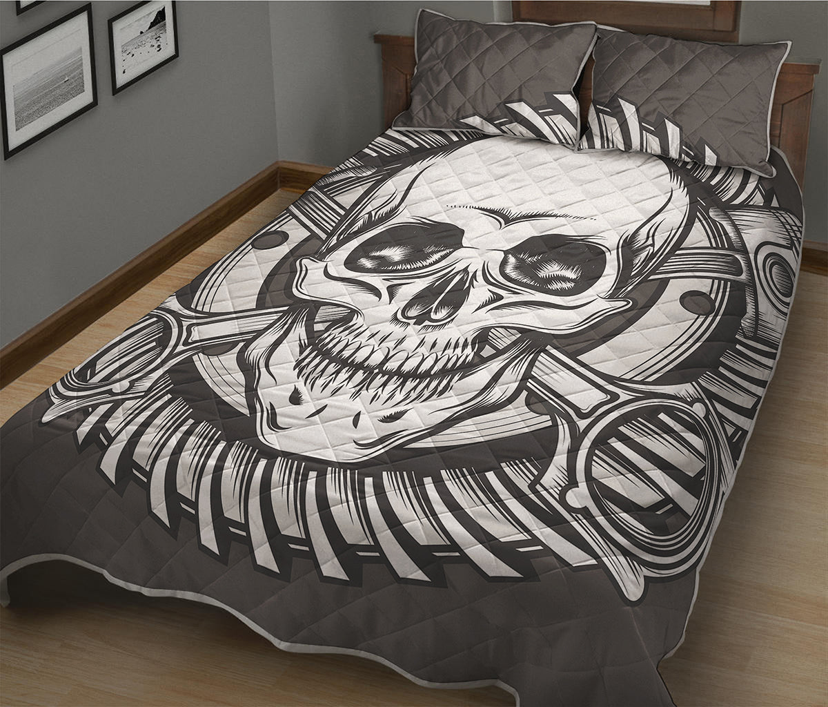 Cross Piston Mechanic Skull Print Quilt Bed Set