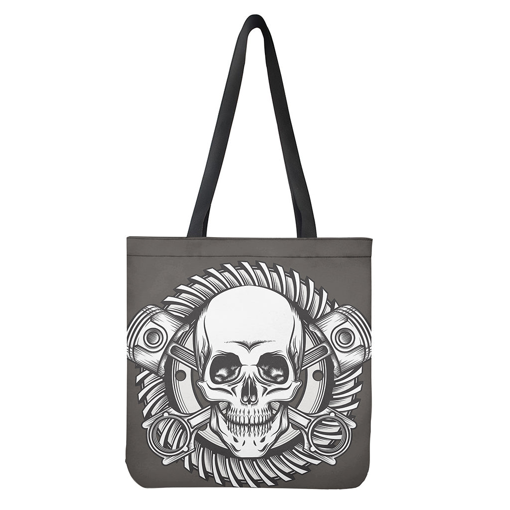 Cross Piston Mechanic Skull Print Tote Bag