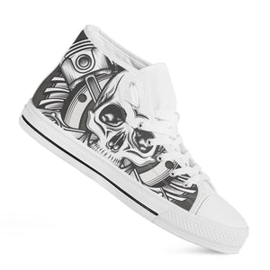 Cross Piston Mechanic Skull Print White High Top Shoes