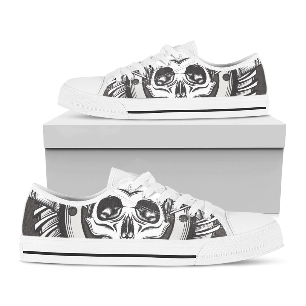 Cross Piston Mechanic Skull Print White Low Top Shoes