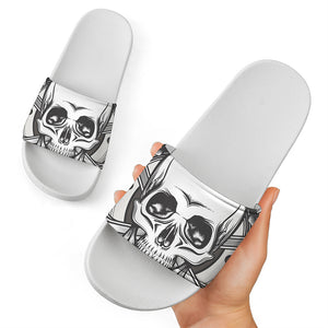 Cross Piston Mechanic Skull Print White Slide Sandals