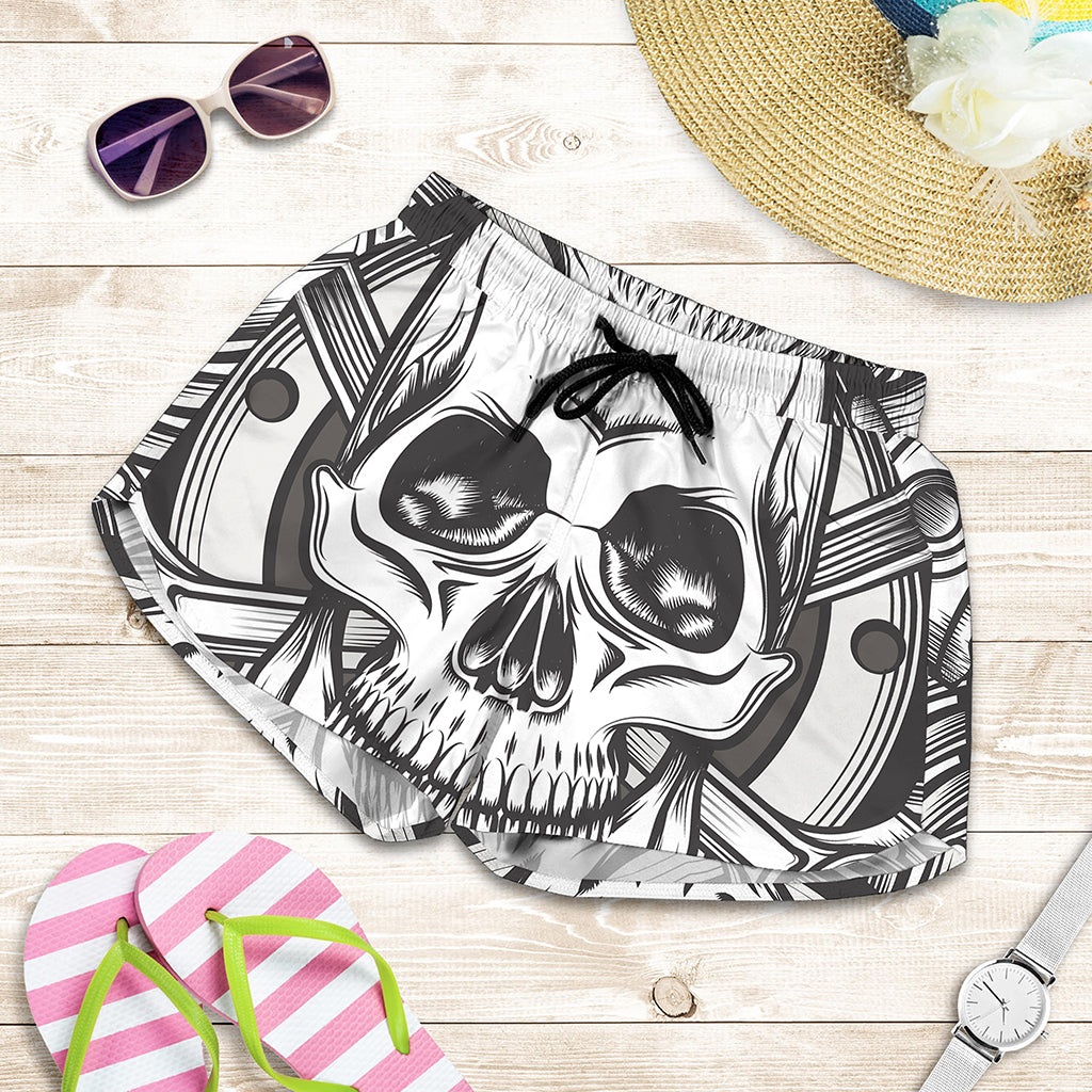 Cross Piston Mechanic Skull Print Women's Shorts