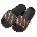 Curved Rainbow Pattern Print Black Slide Sandals
