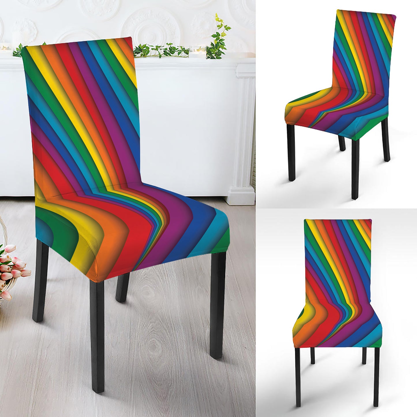 Curved Rainbow Pattern Print Dining Chair Slipcover