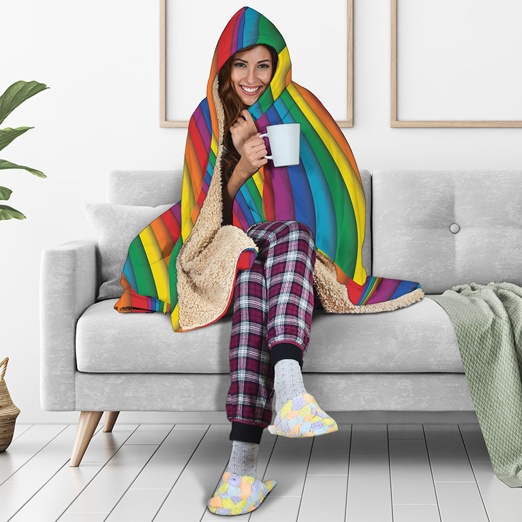 Curved Rainbow Pattern Print Hooded Blanket