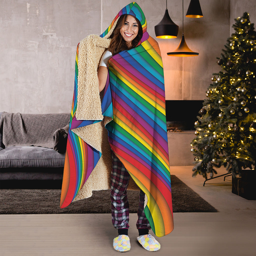 Curved Rainbow Pattern Print Hooded Blanket