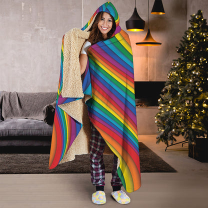 Curved Rainbow Pattern Print Hooded Blanket