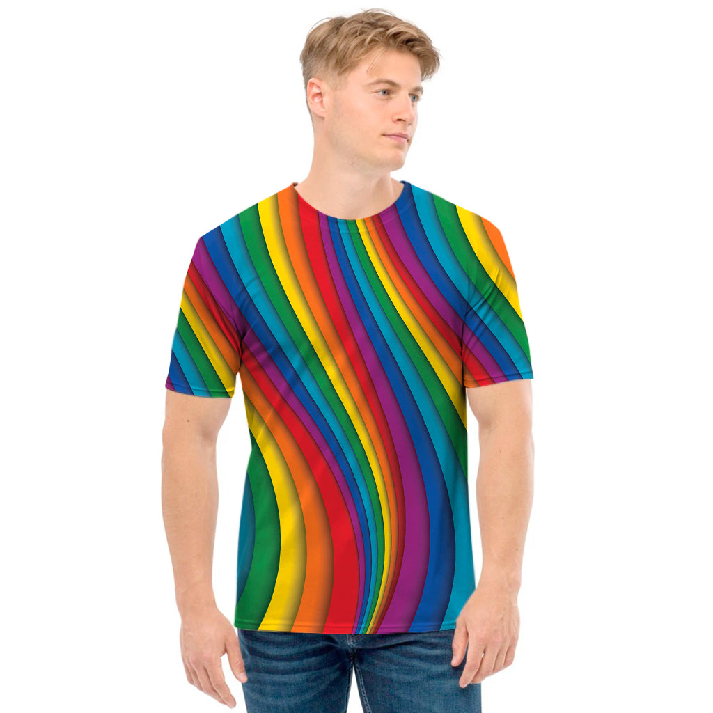 Curved Rainbow Pattern Print Men's T-Shirt