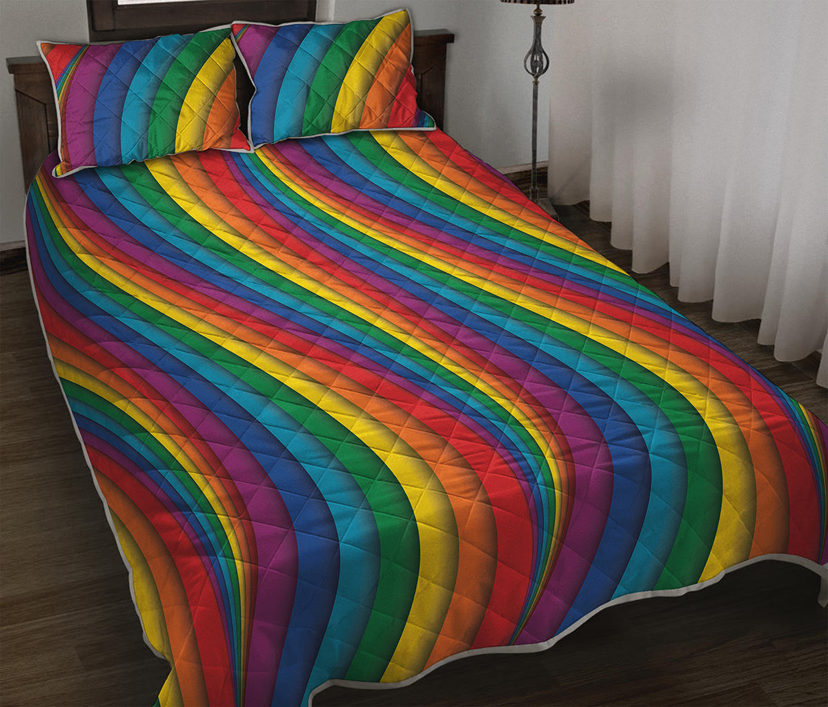 Curved Rainbow Pattern Print Quilt Bed Set