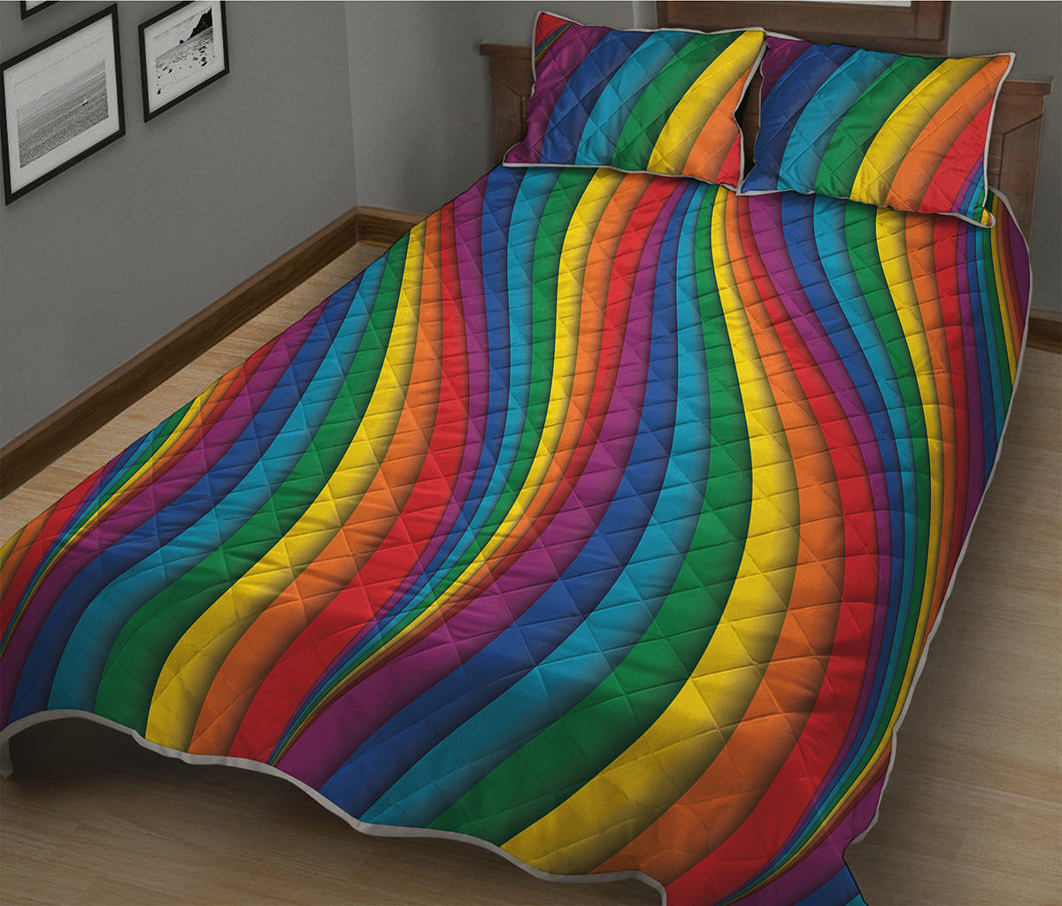 Curved Rainbow Pattern Print Quilt Bed Set