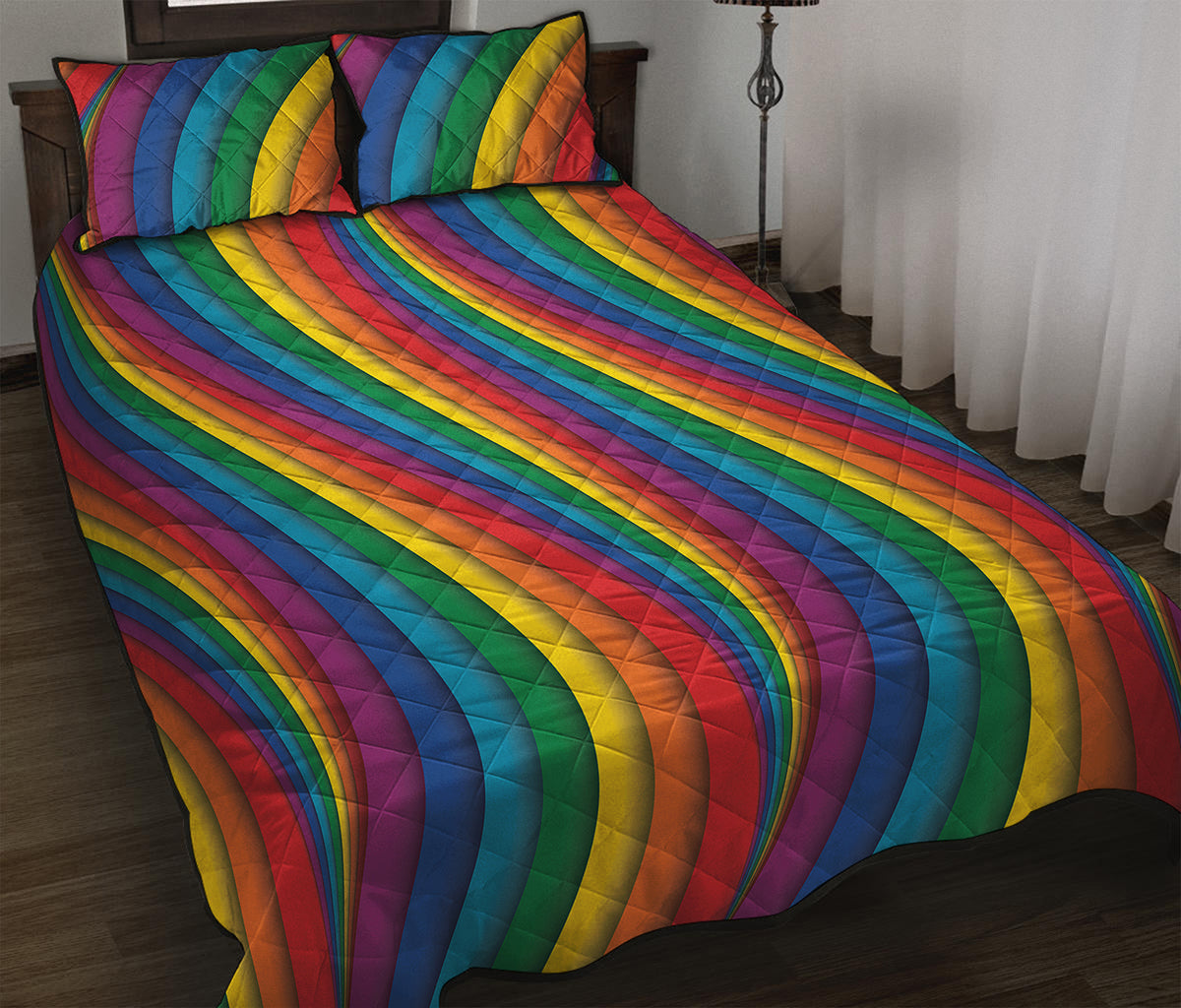 Curved Rainbow Pattern Print Quilt Bed Set