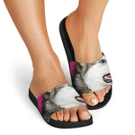 Cute Alaskan Malamute Print Black Slide Sandals