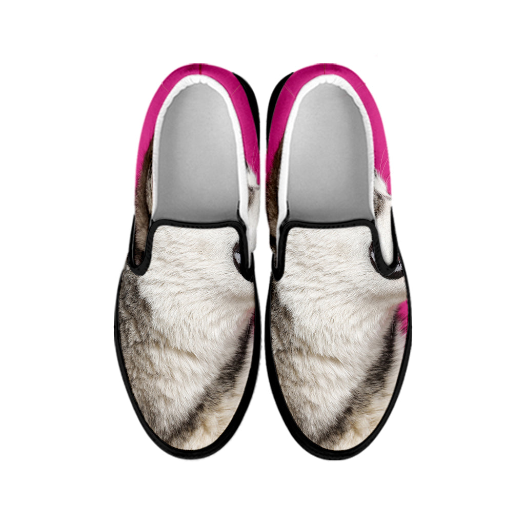Cute Alaskan Malamute Print Black Slip On Shoes
