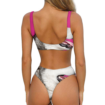 Cute Alaskan Malamute Print Front Bow Tie Bikini
