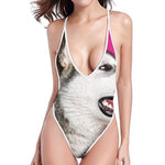 Cute Alaskan Malamute Print High Cut One Piece Swimsuit