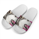 Cute Alaskan Malamute Print White Slide Sandals