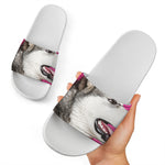 Cute Alaskan Malamute Print White Slide Sandals