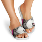 Cute Alaskan Malamute Print White Slide Sandals