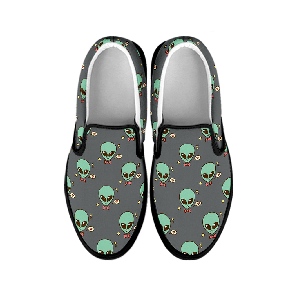 Cute Alien With Bow Tie Print Black Slip On Shoes