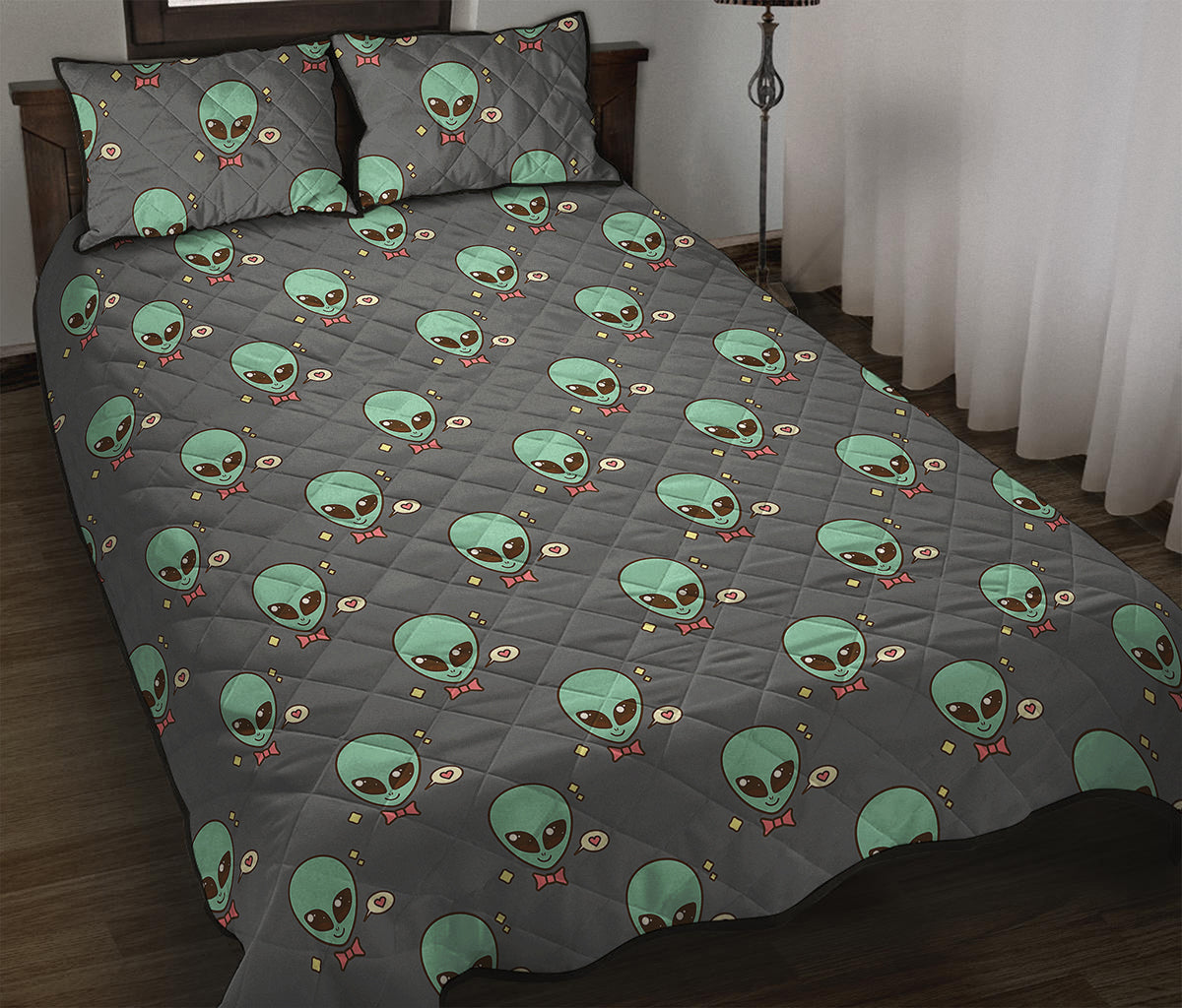 Cute Alien With Bow Tie Print Quilt Bed Set