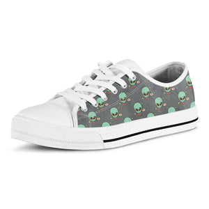 Cute Alien With Bow Tie Print White Low Top Shoes