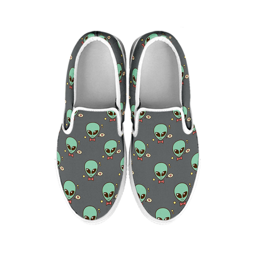 Cute Alien With Bow Tie Print White Slip On Shoes