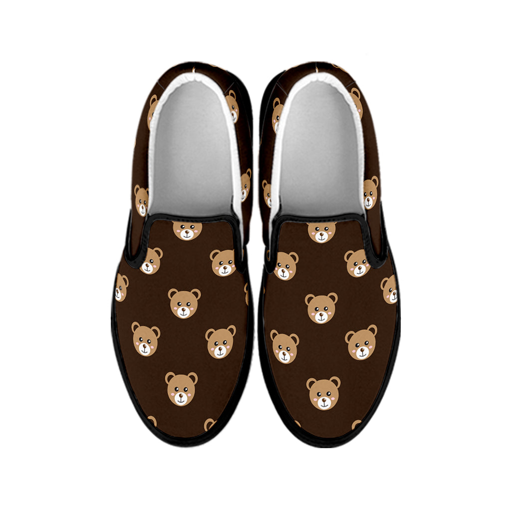 Cute Baby Grizzly Bear Pattern Print Black Slip On Shoes