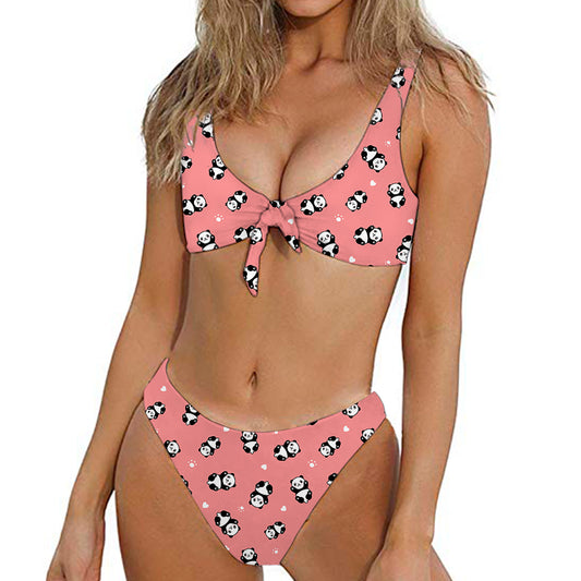 Cute Baby Panda Pattern Print Front Bow Tie Bikini