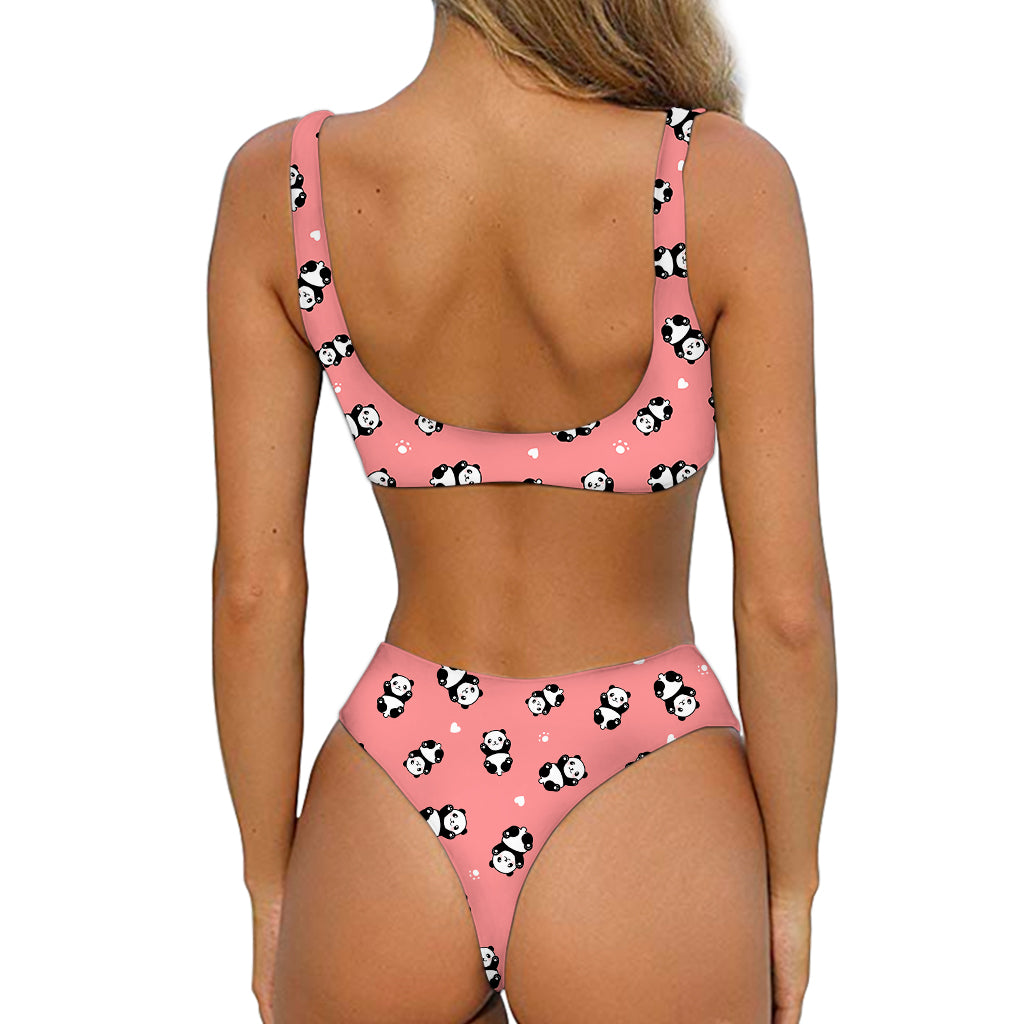 Cute Baby Panda Pattern Print Front Bow Tie Bikini