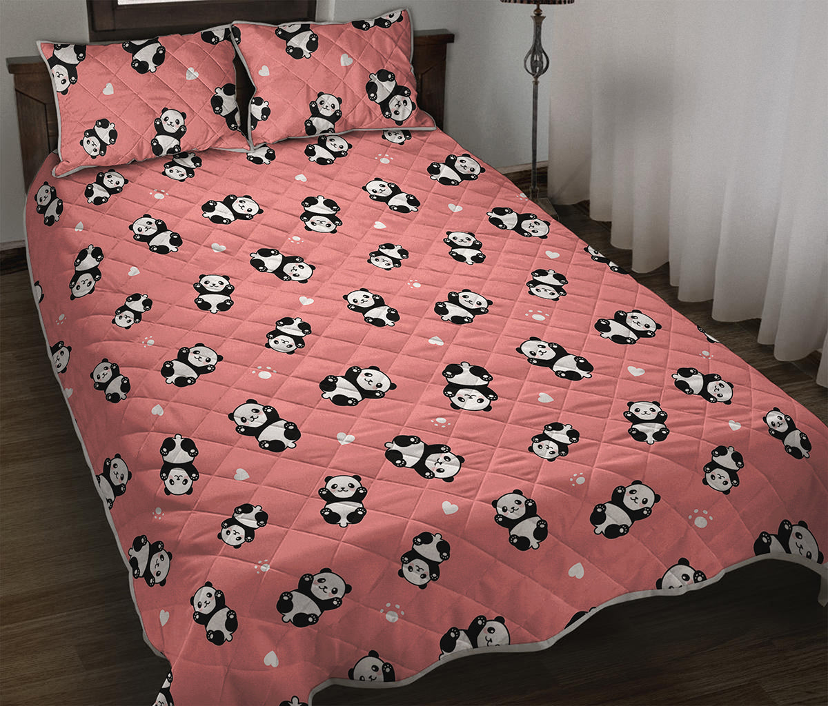 Cute Baby Panda Pattern Print Quilt Bed Set