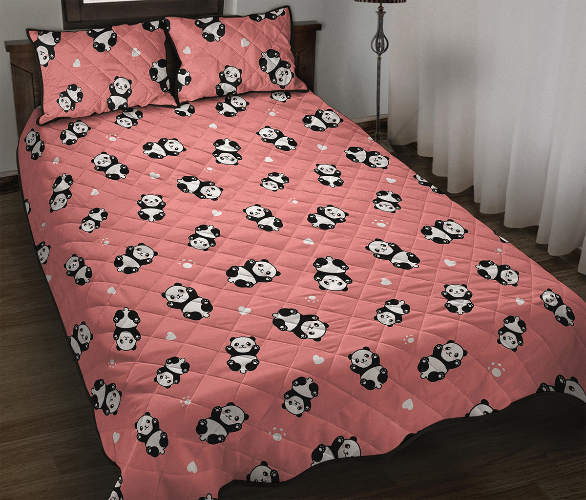 Cute Baby Panda Pattern Print Quilt Bed Set