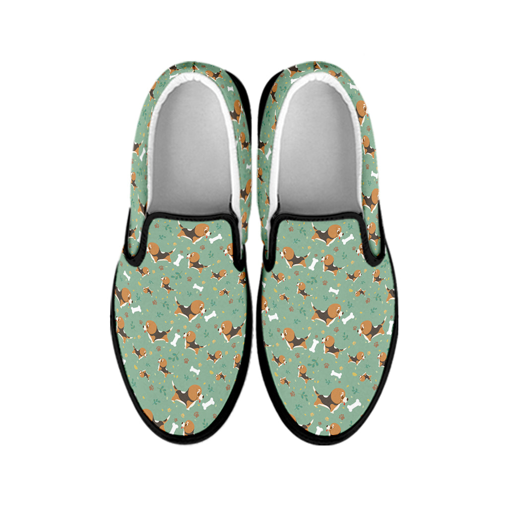 Cute Beagle Puppy Pattern Print Black Slip On Shoes