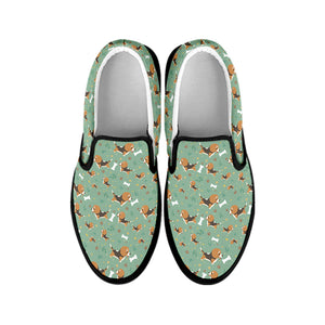 Cute Beagle Puppy Pattern Print Black Slip On Shoes