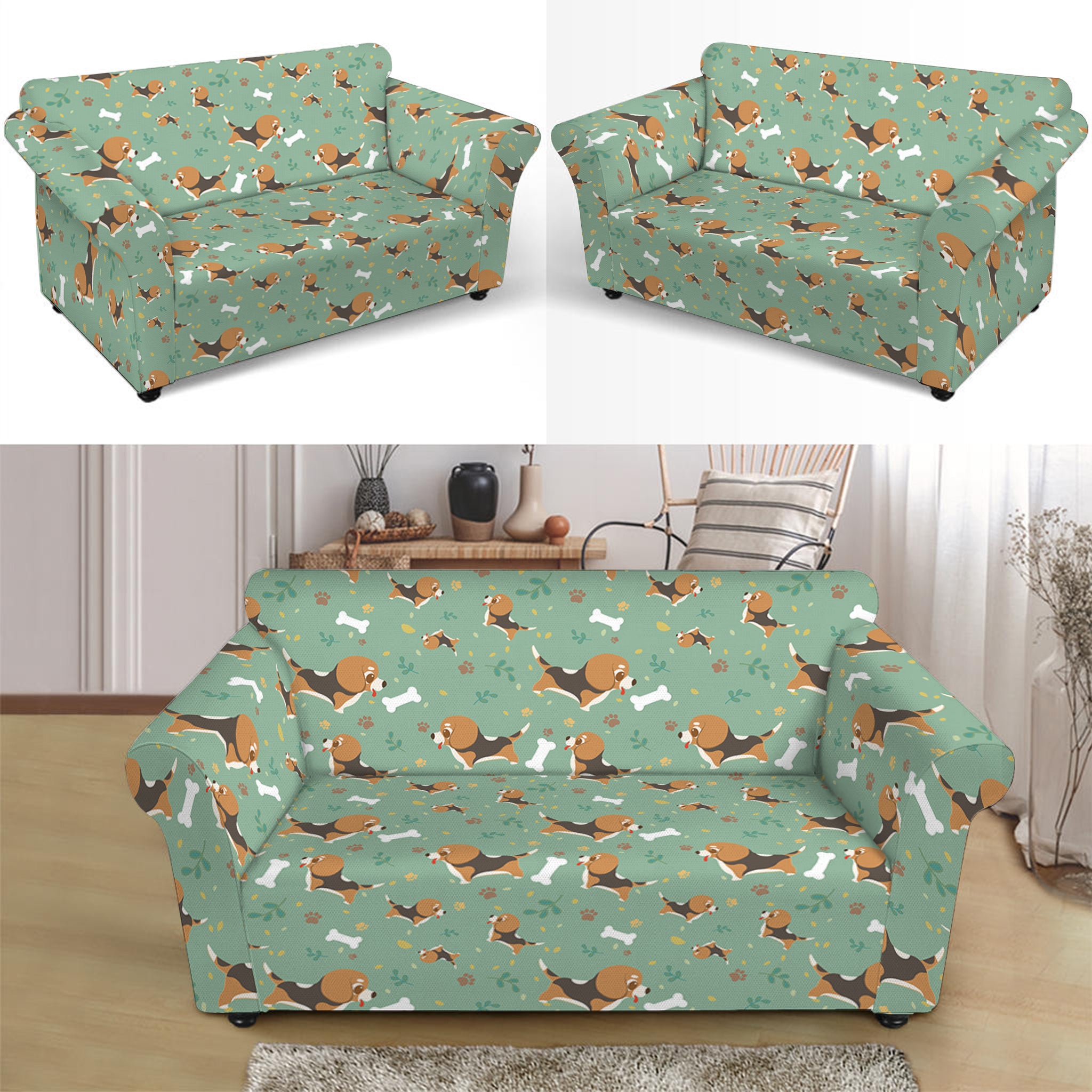 Cute Beagle Puppy Pattern Print Loveseat Slipcover