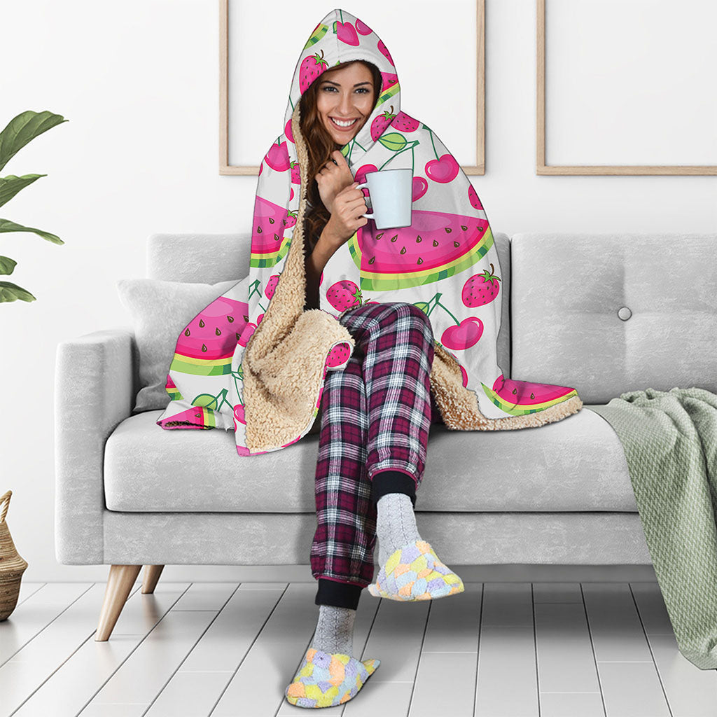 Cute Berry Watermelon Pattern Print Hooded Blanket