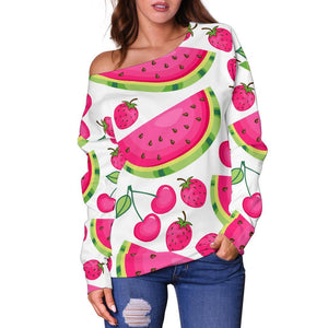 Cute Berry Watermelon Pattern Print Off Shoulder Sweatshirt GearFrost