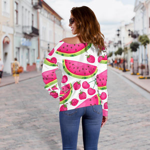 Cute Berry Watermelon Pattern Print Off Shoulder Sweatshirt GearFrost