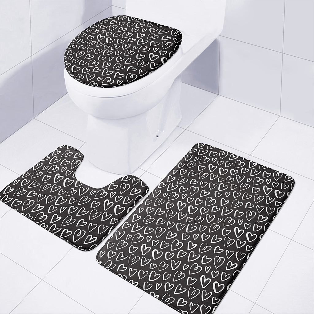 Cute Black And White Heart Pattern Print 3 Piece Bath Mat Set
