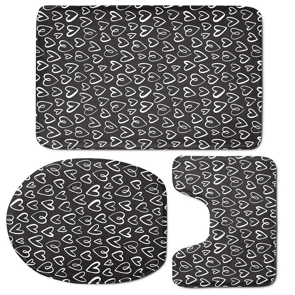 Cute Black And White Heart Pattern Print 3 Piece Bath Mat Set