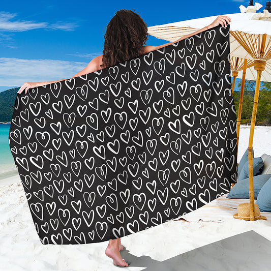 Cute Black And White Heart Pattern Print Beach Sarong Wrap