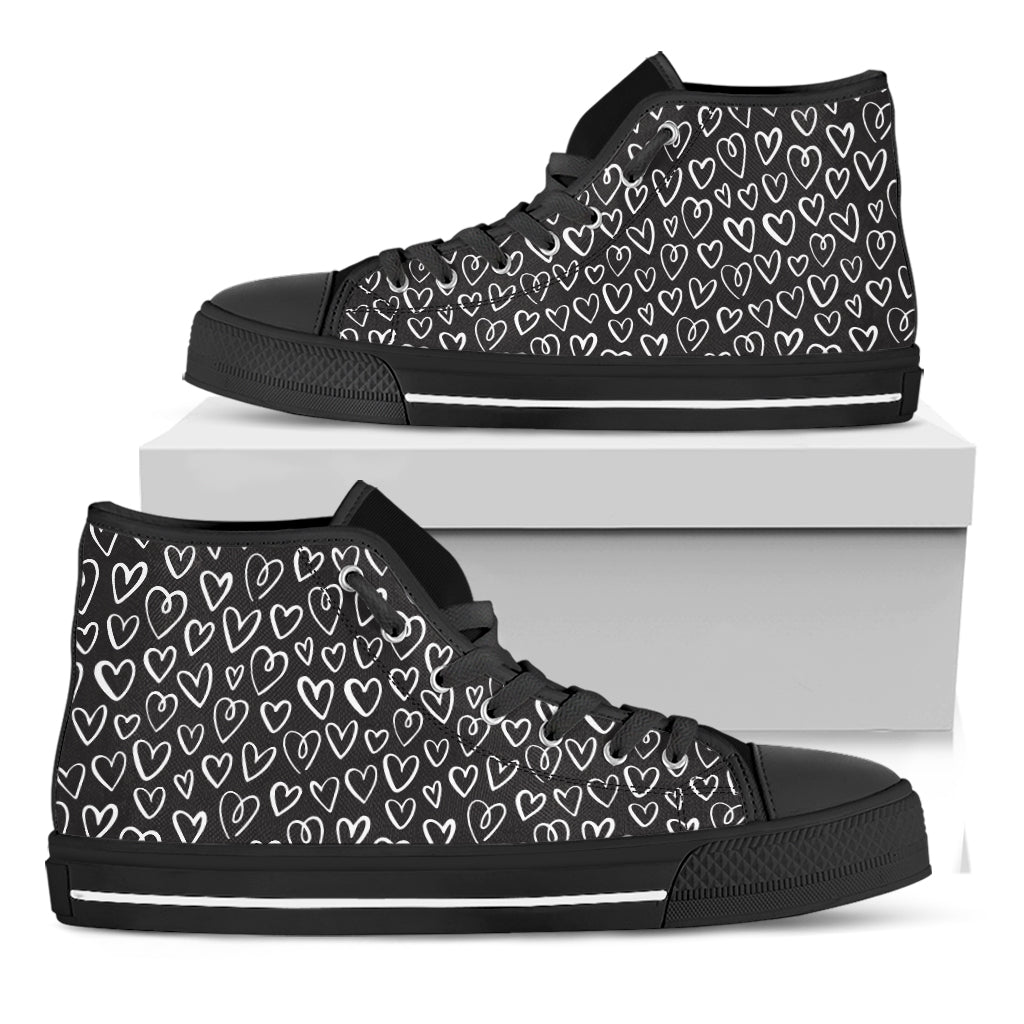 Cute Black And White Heart Pattern Print Black High Top Shoes