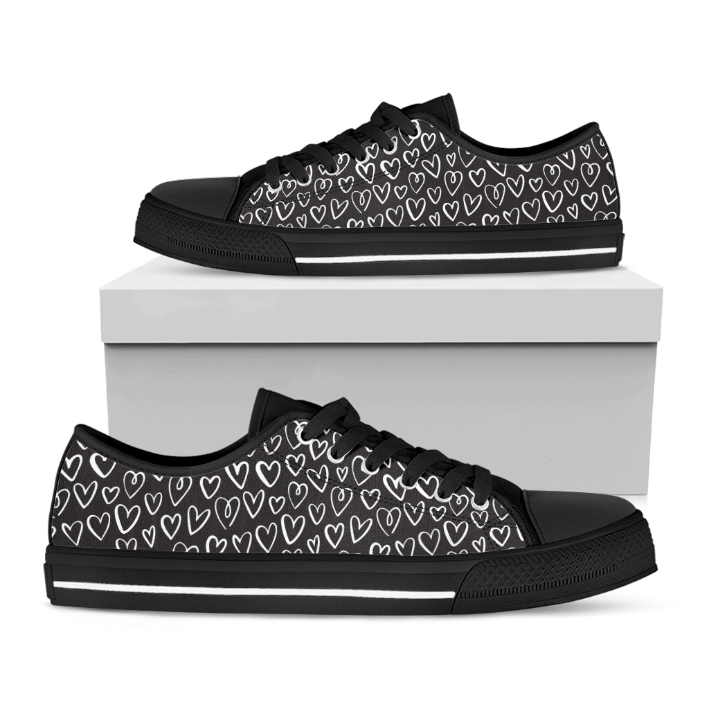 Cute Black And White Heart Pattern Print Black Low Top Shoes