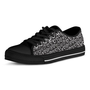 Cute Black And White Heart Pattern Print Black Low Top Shoes