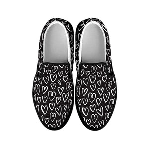 Cute Black And White Heart Pattern Print Black Slip On Shoes