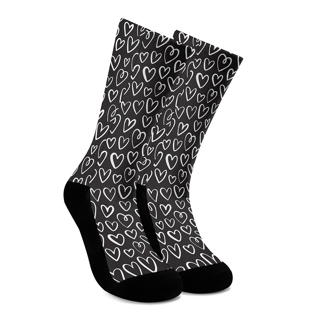 Cute Black And White Heart Pattern Print Crew Socks