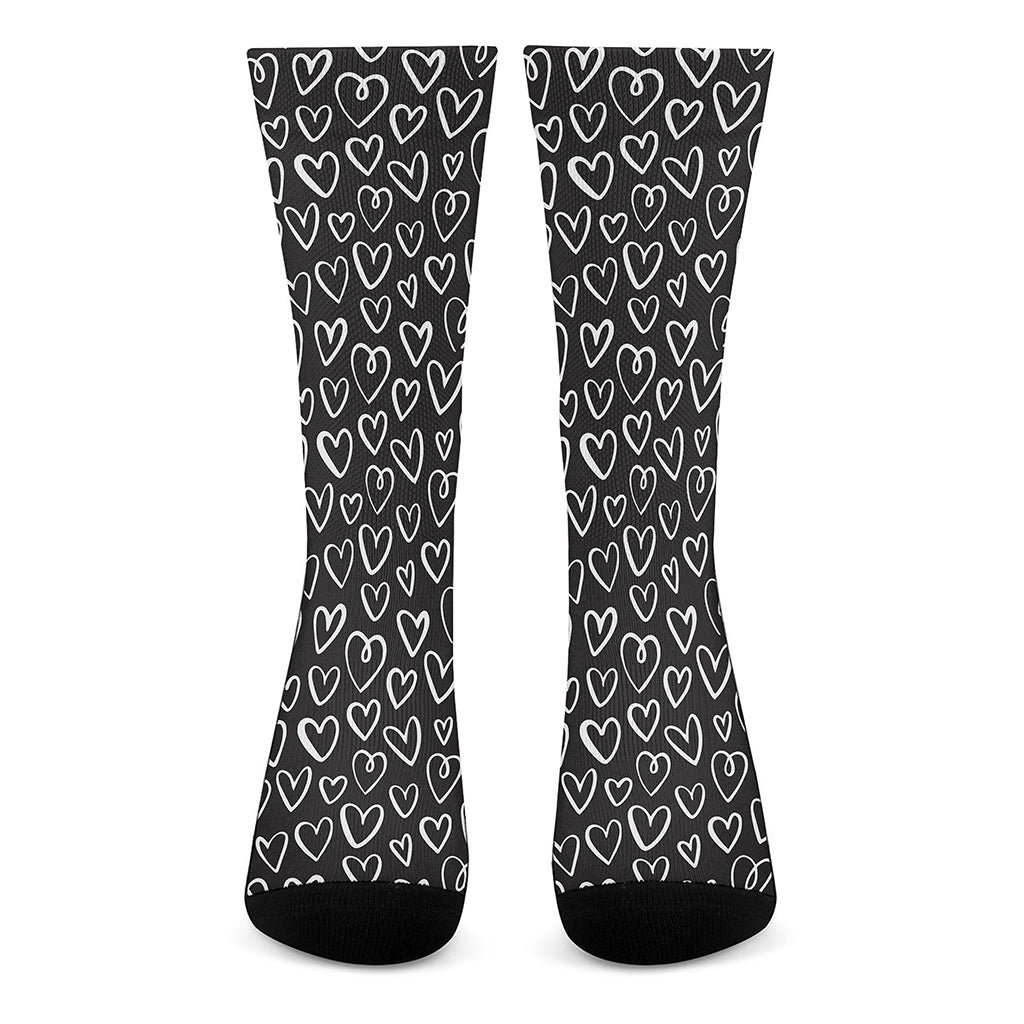 Cute Black And White Heart Pattern Print Crew Socks