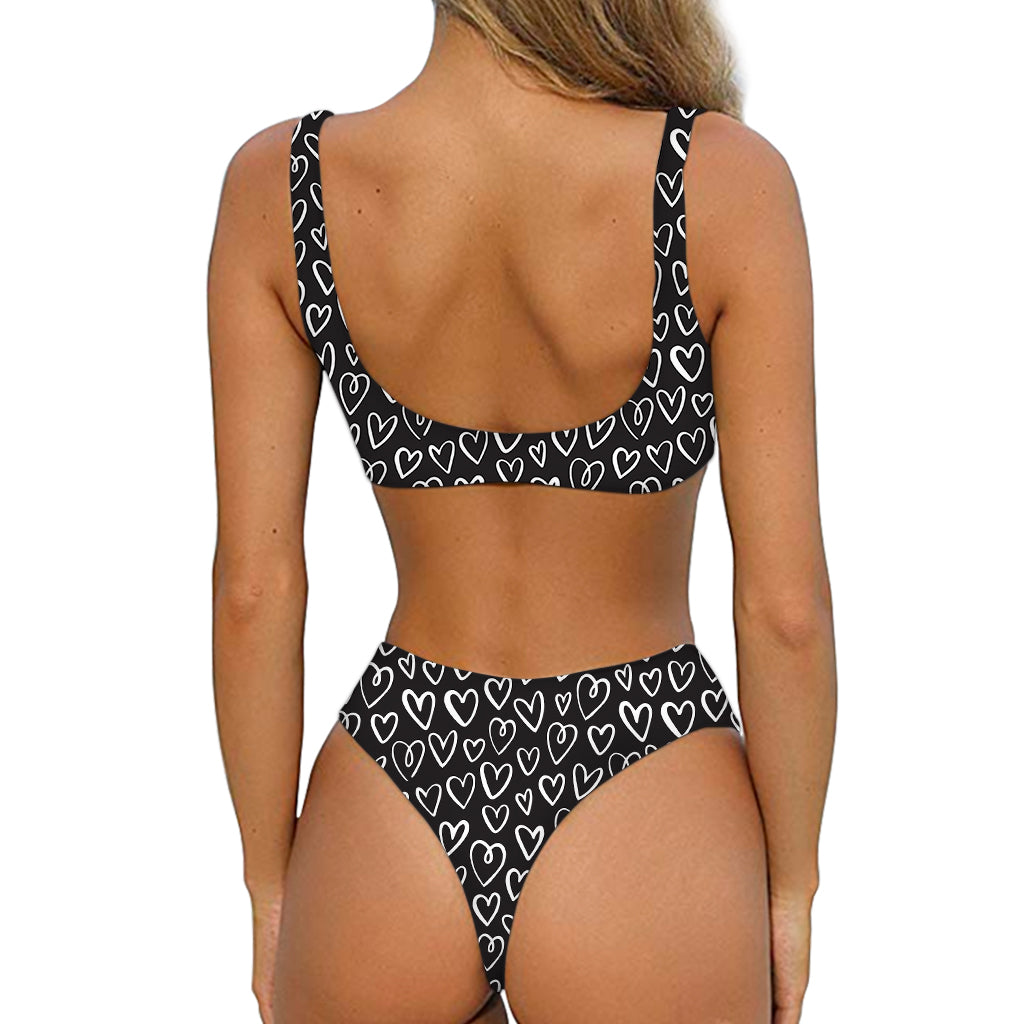 Cute Black And White Heart Pattern Print Front Bow Tie Bikini