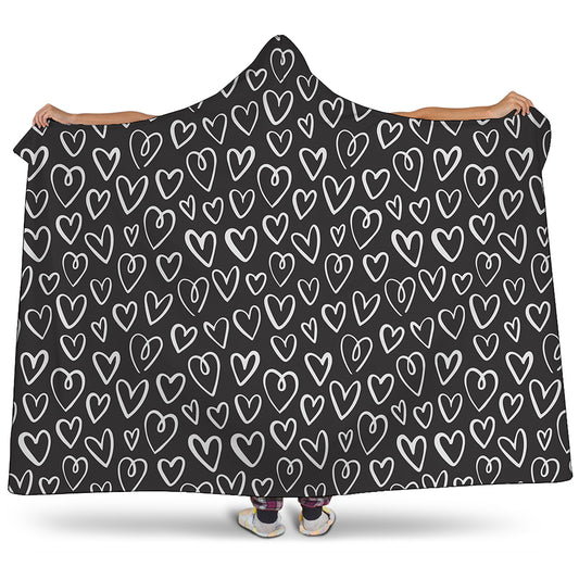 Cute Black And White Heart Pattern Print Hooded Blanket
