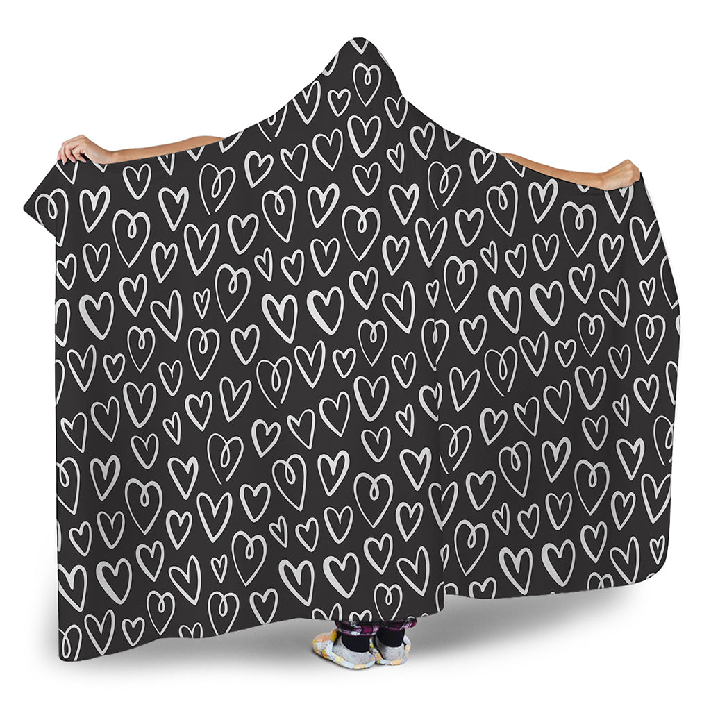 Cute Black And White Heart Pattern Print Hooded Blanket