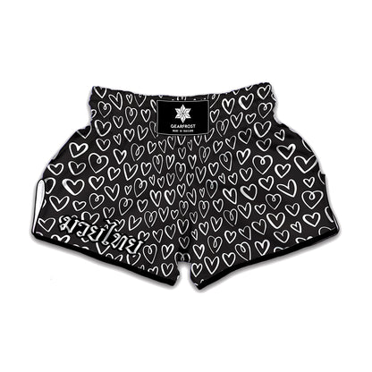Cute Black And White Heart Pattern Print Muay Thai Boxing Shorts
